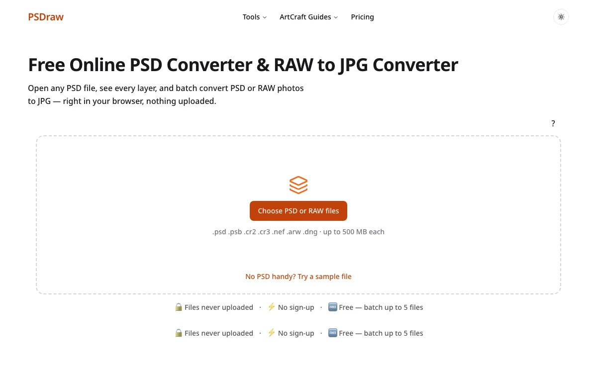 Drop a file into the free PSD converter on the PSDraw homepage