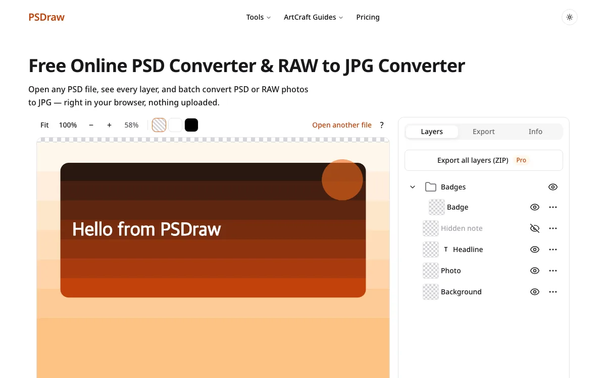 Layer list inside the online PSD converter after a file opens